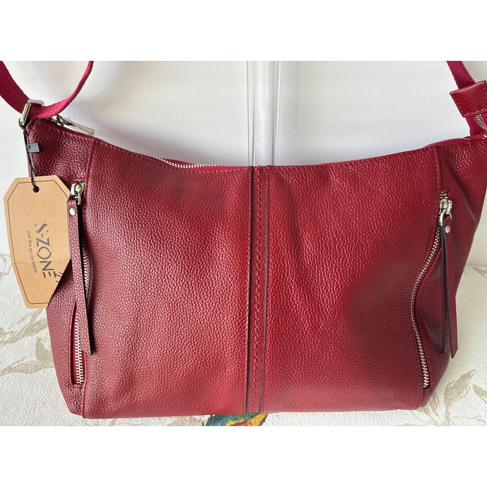 S-ZONE Womens Red Pebbled Leather Crossbody Bag Shoulder Purse Silver Hardware